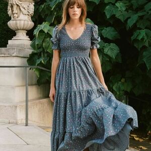 Christy Dawn Blue Maxi Sundress with Puff Sleeves and V-Neck